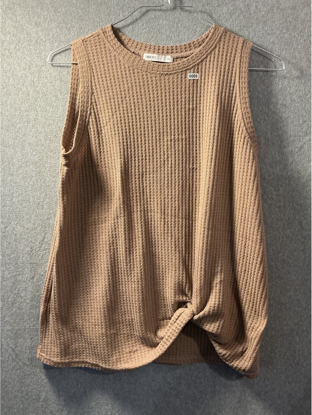 Miholl Taupe Waffle Knit Twist Front Sleeveless Top XL